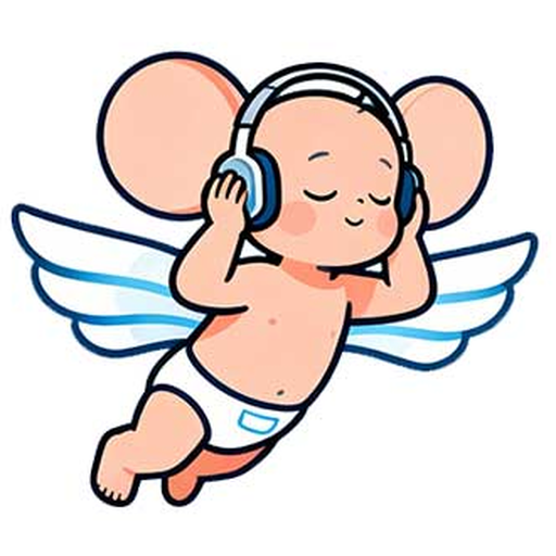 BBSPEL brand mascot — flying big-eared baby with headphones and wings