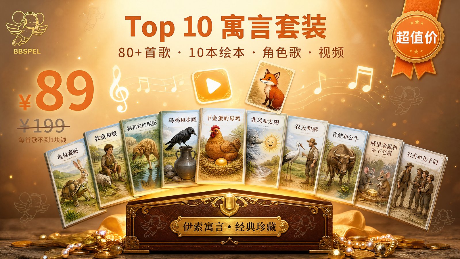 ¥89 Top 10 寓言套装 · 80+首歌·10本绘本·角色歌·视频